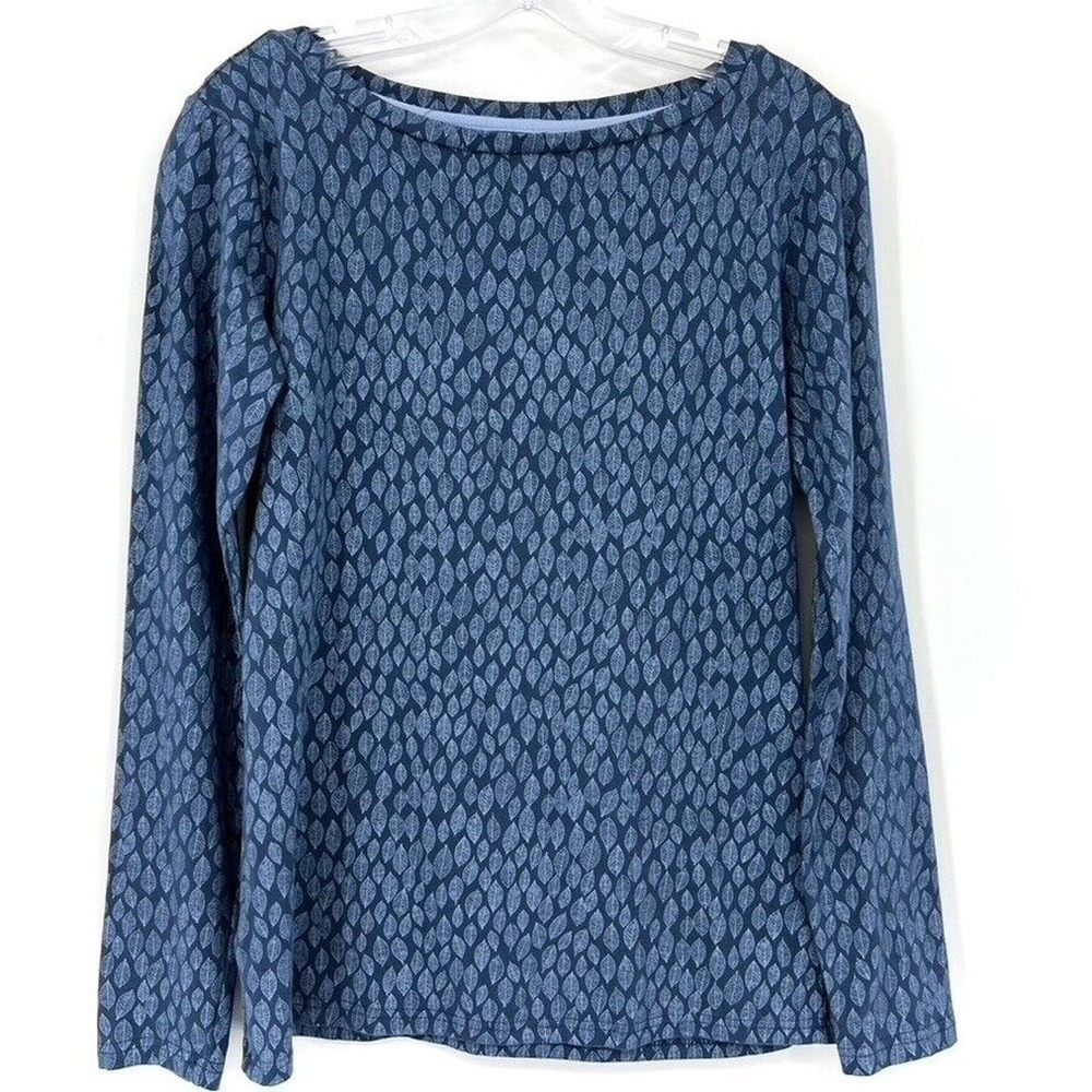 Long Tall Sally Womens S Blue Leaf Print Long Sleeve Blouse Cotton Knit Boatneck